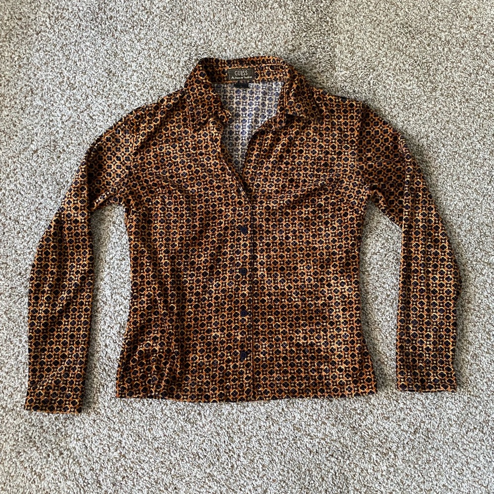Guess Vintage Y2K Gold and Black Button-Up Shirt